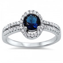 Load image into Gallery viewer, Sterling Silver Elegant Solitaire Oval Prong with Round Blue Sapphire and Clear Czs Ring with Face Height of 10MM