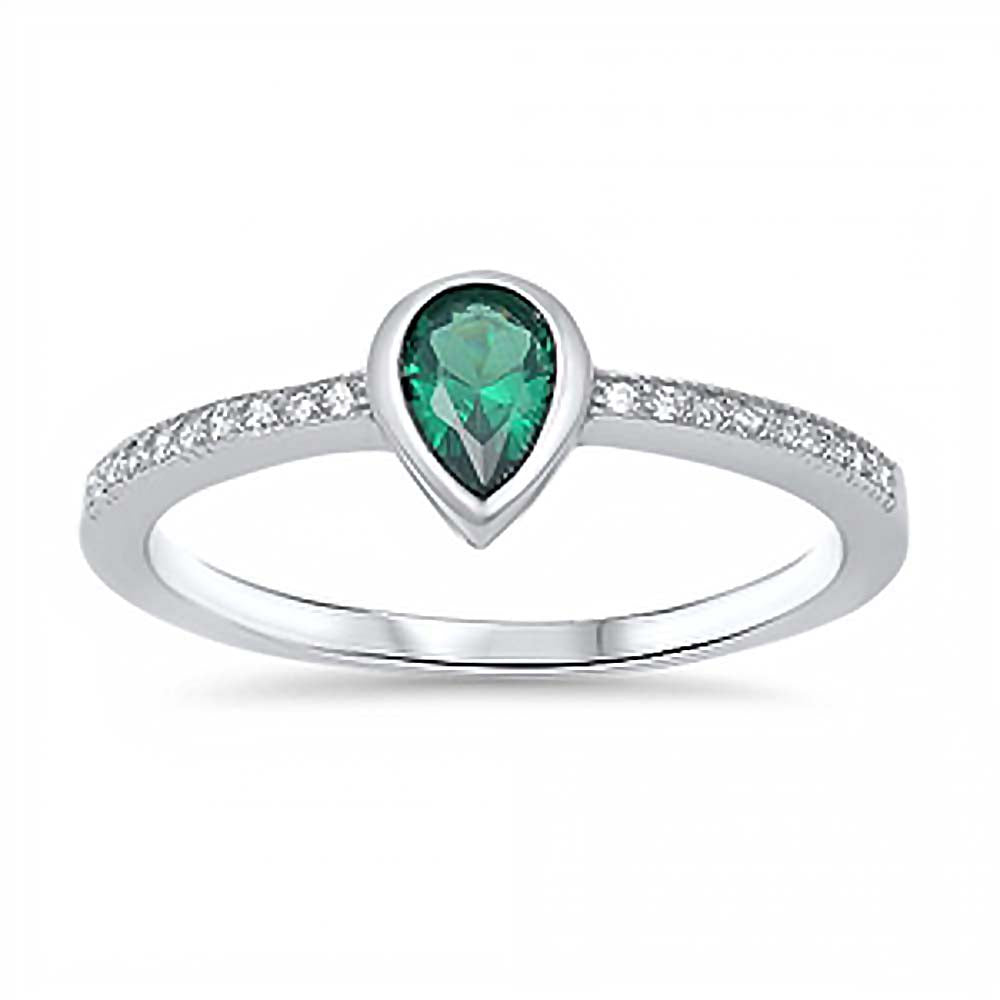 Sterling Silver Fancy Band Ring Inlaid with Clear Czs and Centered Pearshaped Cut Emerald Cz on Bezel SettingAnd Face Height of 7MM