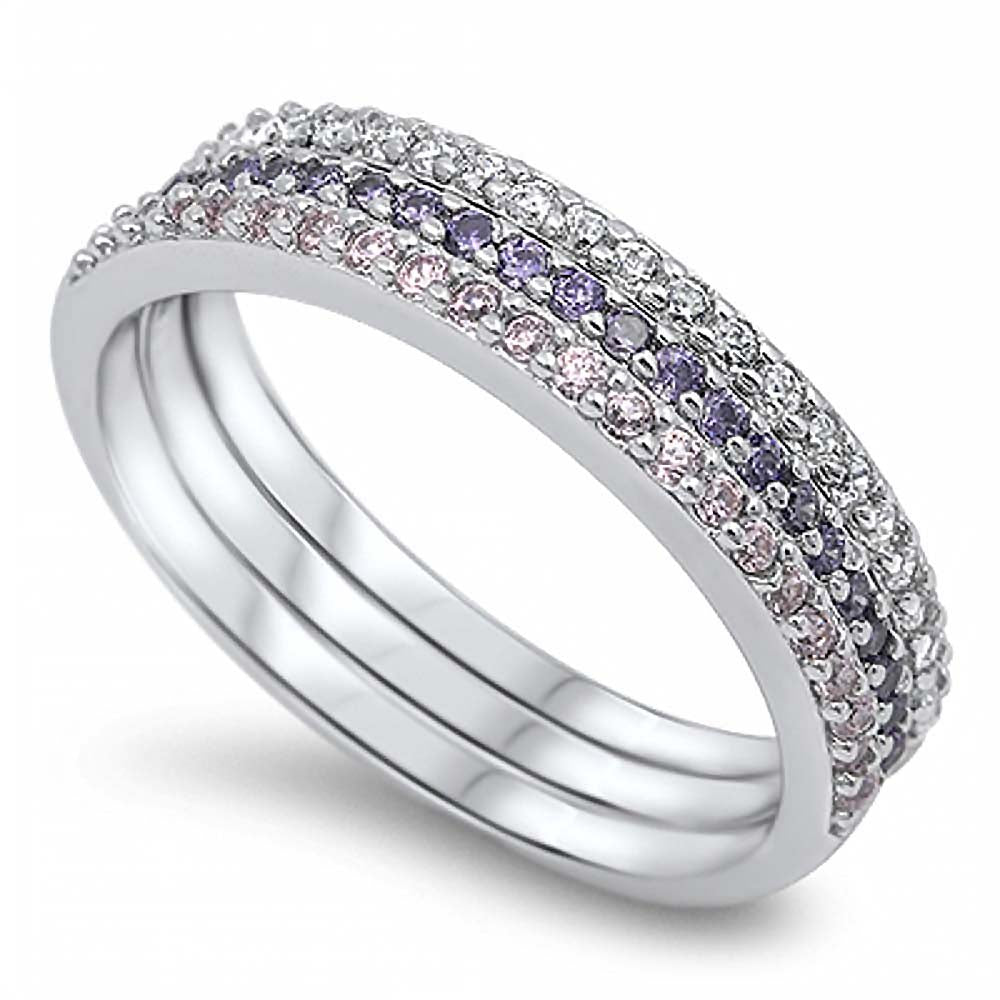 Sterling Silver Stylish Three Band with ClearAnd Pink and Amethyst Cz Ring with Face Height of 2MM