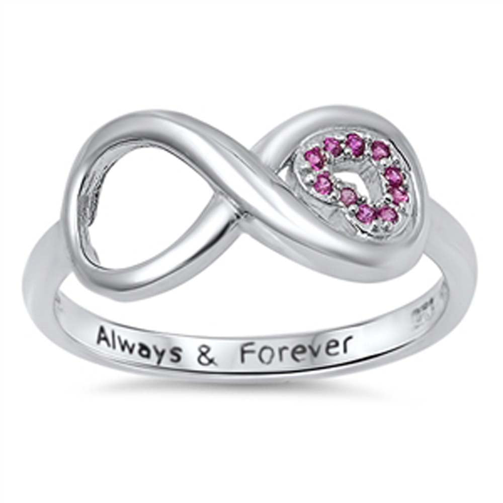 Sterling Silver Trendy Infinity Design with Heart inside Inlaid with Pink Czs and Band Engraved with  Always & Forever  RingAnd Face Height of 9MM