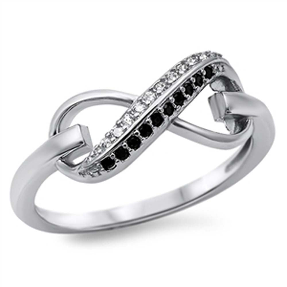 Sterling Silver Modish Infinity Band with Clear and Black Czs Inlaid RingAnd Face Height of 8MM