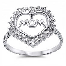 Load image into Gallery viewer, Sterling Silver Fancy Cut-Out Heart Shaped with Clear Czs and Cursive  MOM  on Center Twisted Band Ring with Face Height of 17MM