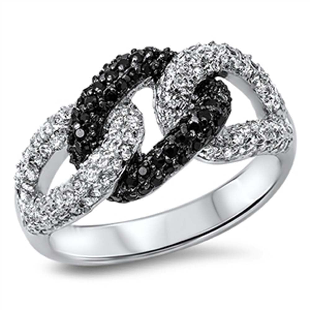 Sterling Silver Loop Shaped Black And Clear CZ RingAnd Face Height 11mm