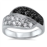 Sterling Silver Double Wave Shaped Black And Clear CZ RingAnd Face Height 12mm