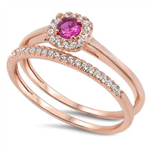 Load image into Gallery viewer, Sterling Silver Rose Gold Plated 2-Pieces Engagement Ring Inlaid with Clear Czs and Centered Round Cut Ruby Cz with Paved Halo SettingAnd Band Width of 2MM