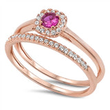 Sterling Silver Rose Gold Plated 2-Pieces Engagement Ring Inlaid with Clear Czs and Centered Round Cut Ruby Cz with Paved Halo SettingAnd Band Width of 2MM