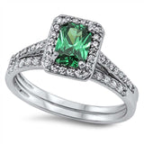 Sterling Silver 2-Pieces Engagement Ring Embedded with Clear Czs and Centered Solitaire Radiant Cut Emerald Cz with Paved Halo Setting And Band Width of 2MM