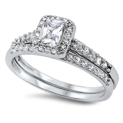 Sterling Silver Classy 2-Pieces Engagement Ring Inlaid with Clear Czs and Centered Princess Cut Clear Cz with Paved Halo SettingAnd Band Width of 2MM