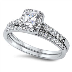 Sterling Silver 2-Pieces Engagement Ring Inlaid with Clear Czs and Centered Princess Cut Clear Cz with Paved Halo SettingAnd Band Width of 2MM
