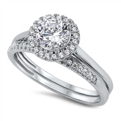 Sterling Silver Round Shaped Cubic Zirconia Wedding Ring SetsAnd Width Of Two Rings 2mmAnd Face Height 9mm