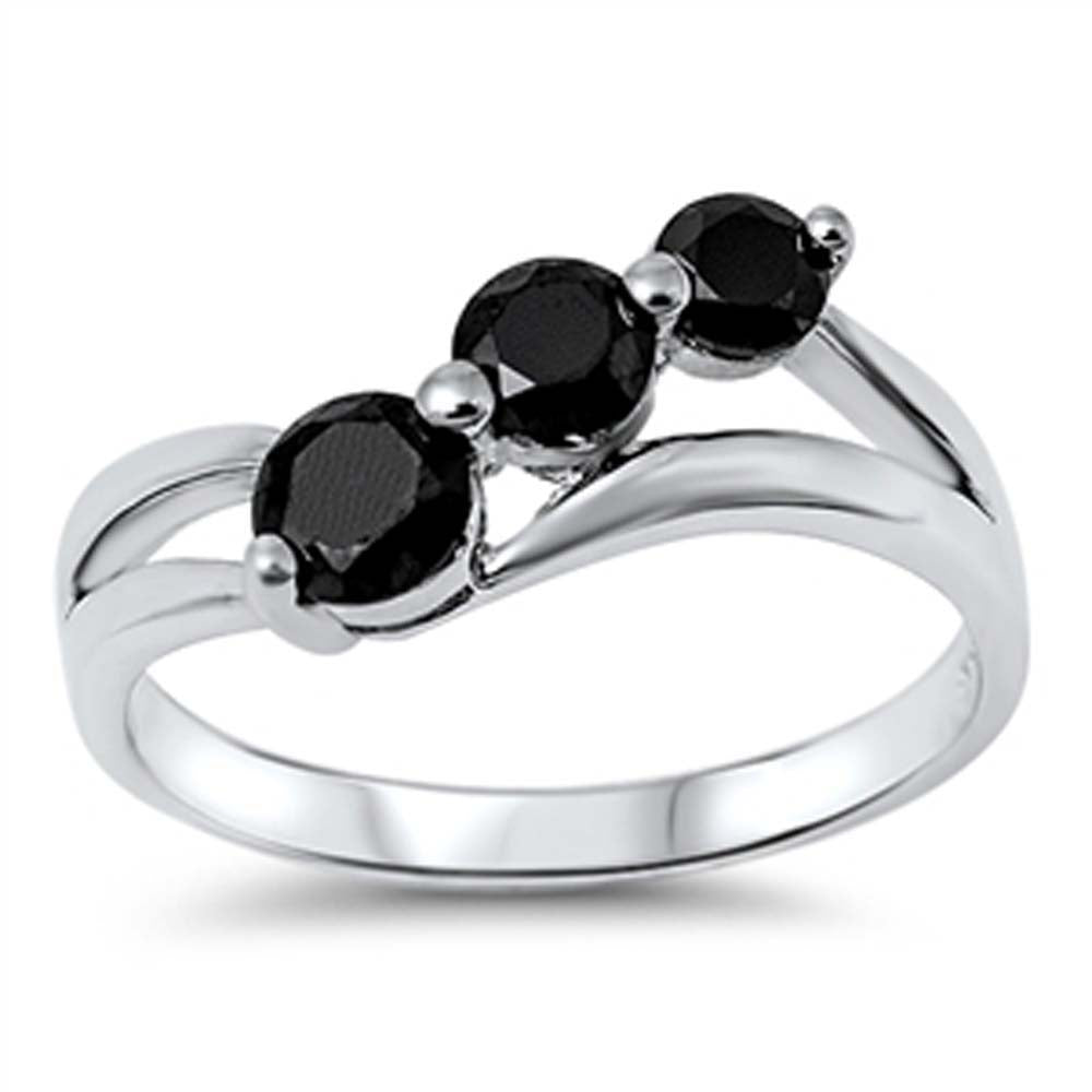 Sterling Silver Classy Slanted Three Round Cut Black Czs Design Ring with Face Heigth of 8MM