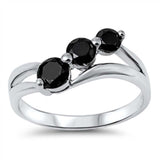 Sterling Silver Classy Slanted Three Round Cut Black Czs Design Ring with Face Heigth of 8MM