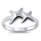 Sterling Silver Fancy Double Stars Inlaid with Single Clear Cz RingAnd Face Height of 9MM