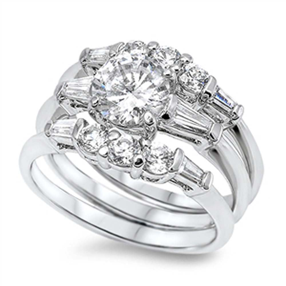 Sterling Silver Elegant Solitaire Round Cut Clear Czs with Tapered Baguette on Sides Bridal Set Band RingAnd Band Width of 4MM
