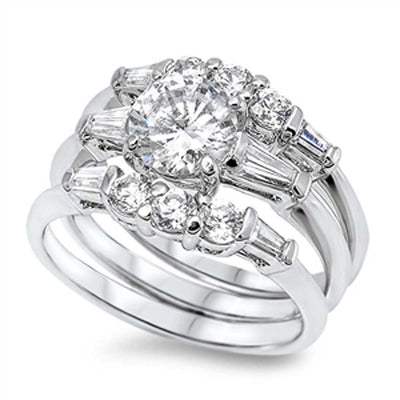 Sterling Silver Elegant Solitaire Round Cut Clear Czs with Tapered Baguette on Sides Bridal Set Band RingAnd Band Width of 4MM