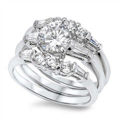 Sterling Silver Elegant Solitaire Round Cut Clear Czs with Tapered Baguette on Sides Bridal Set Band RingAnd Band Width of 4MM