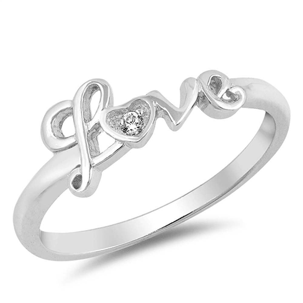 Sterling Silver Trendy  Love  Cursive Design with Clear Cz RingAnd Face Height of 7MM