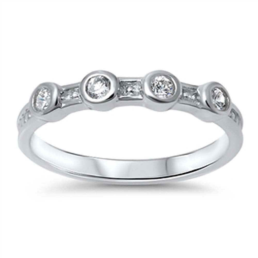 Sterling Silver Four Round Cut Clear Czs on Bezel Setting Fancy Band RingAnd Face Height of 4MM