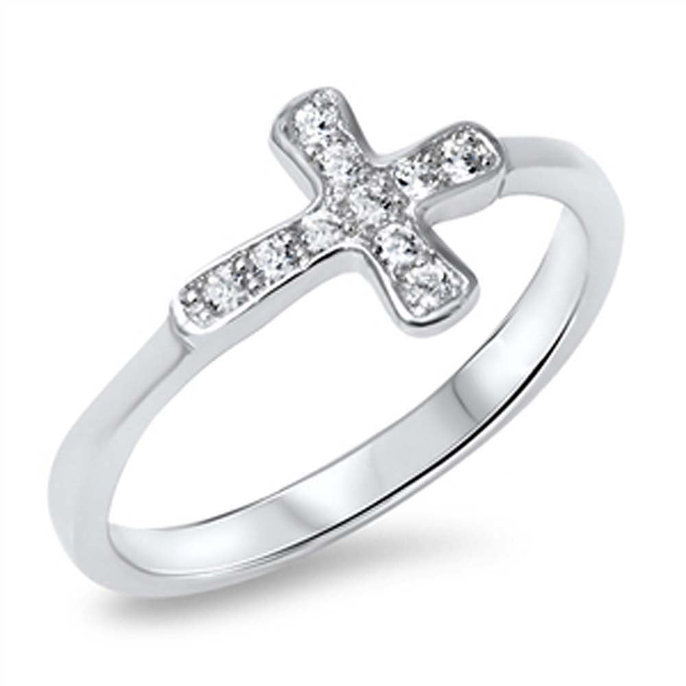 Sterling Silver Modern Sideways Cross Design Inlaid with Clear Czs RingAnd Face Height of 9MM
