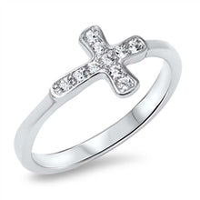 Load image into Gallery viewer, Sterling Silver Modern Sideways Cross Design Inlaid with Clear Czs RingAnd Face Height of 9MM