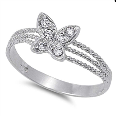 Sterling Silver Fancy Butterfly with Clear Czs Inlaid Open Cut Twisted Wire Band Ring with Face Height of 8MM