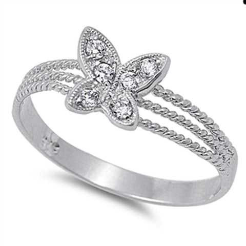 Sterling Silver Fancy Butterfly with Clear Czs Inlaid Open Cut Twisted Wire Band Ring with Face Height of 8MM