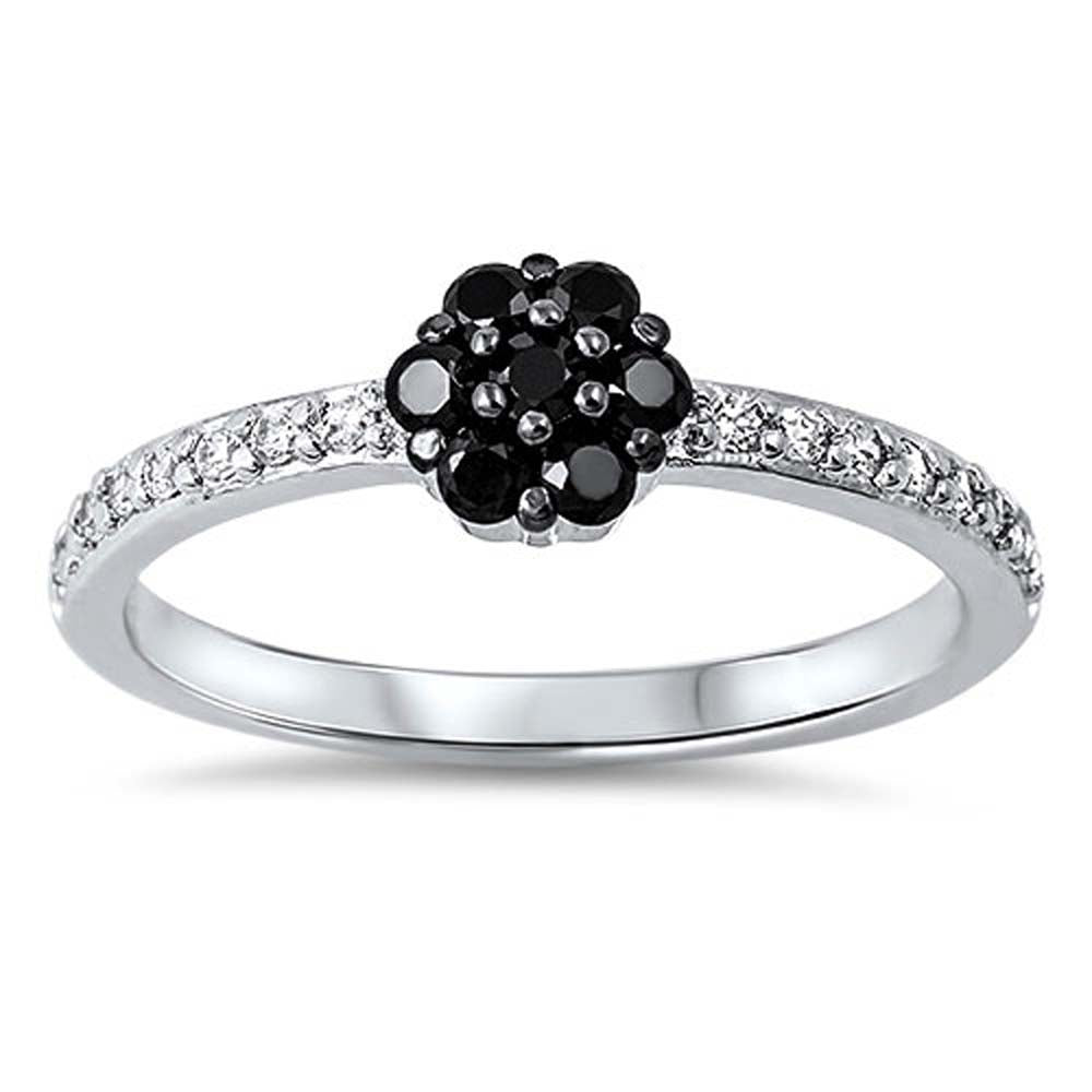 Sterling Silver Fancy Flower Prong Set with Black Czs Eternity Band Ring Inlaid with Clear CzsAnd Face Height of 6MM