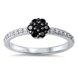 Sterling Silver Fancy Flower Prong Set with Black Czs Eternity Band Ring Inlaid with Clear CzsAnd Face Height of 6MM