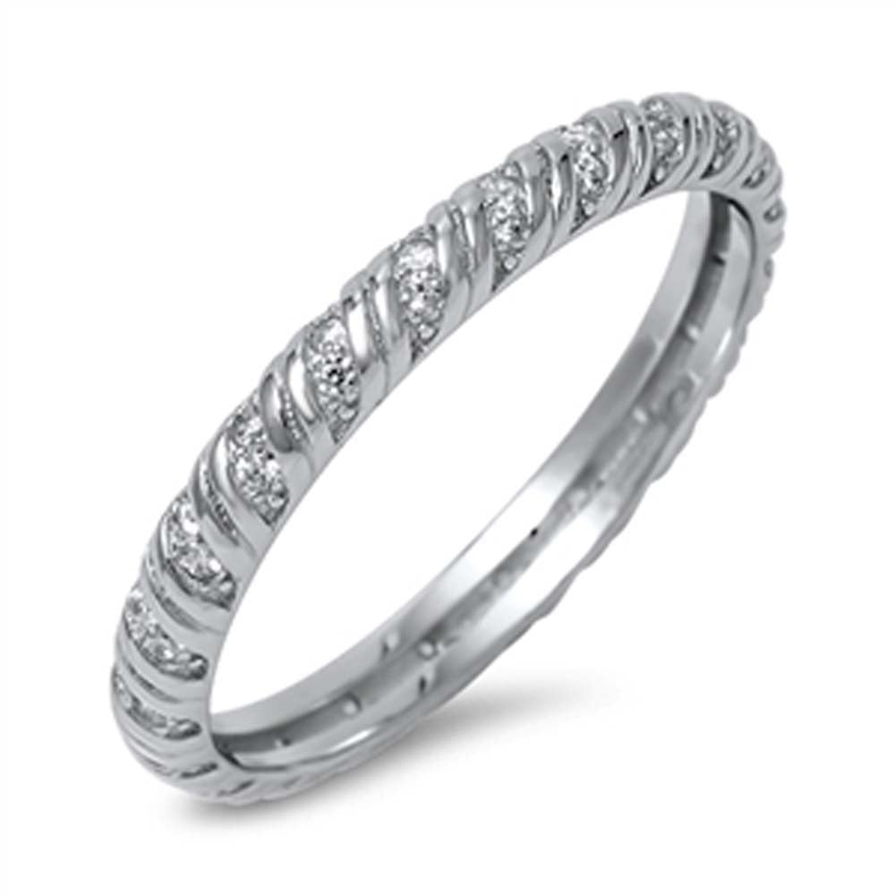 Sterling Silver Fancy Twisted Line Pattern Design Embedded with Clear Cz Stones RingAnd Band Width of 3MM