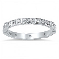 Sterling Silver Fancy Eternity Band Ring with Multi Square Bezel Setting Embedded with Clear Cz StoneAnd Band Width of 3MM