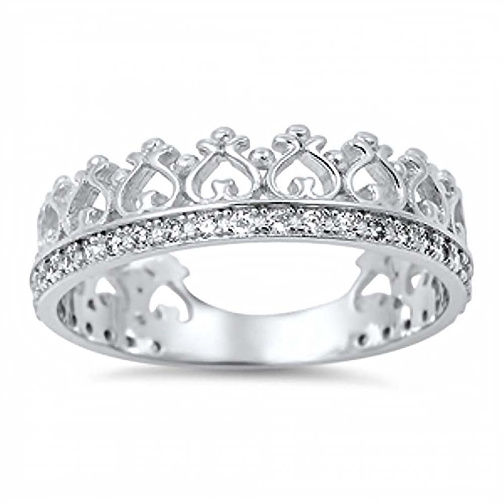 Sterling Silver Fancy Heart Tiara Crown Design Inlaid with Clear Cz Stone RingAnd Face Height of 6MM