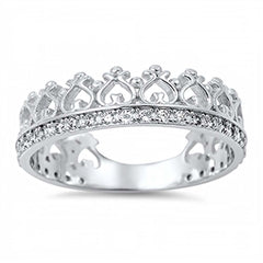 Sterling Silver Fancy Heart Tiara Crown Design Inlaid with Clear Cz Stone RingAnd Face Height of 6MM
