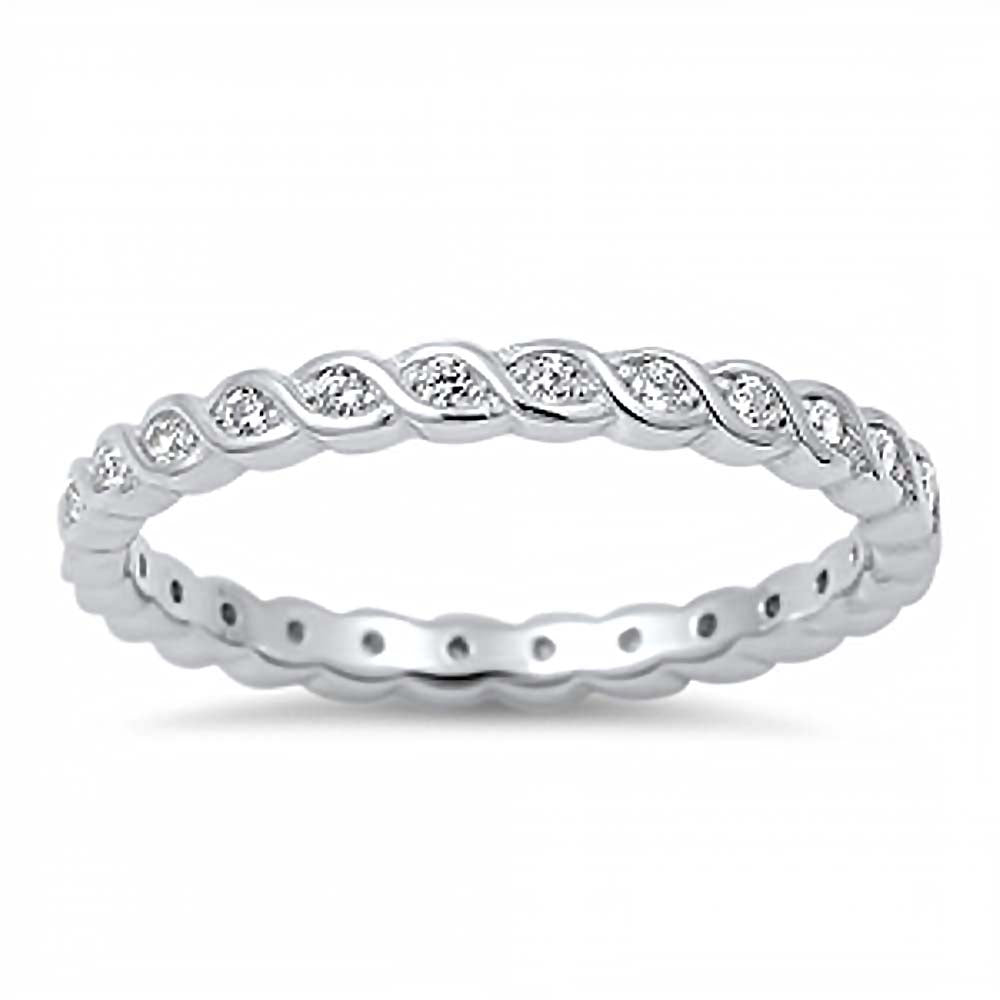 Sterling Silver Twisted Eternity Band Ring Embedded with Clear Cz Stone, Band Width of 2MM