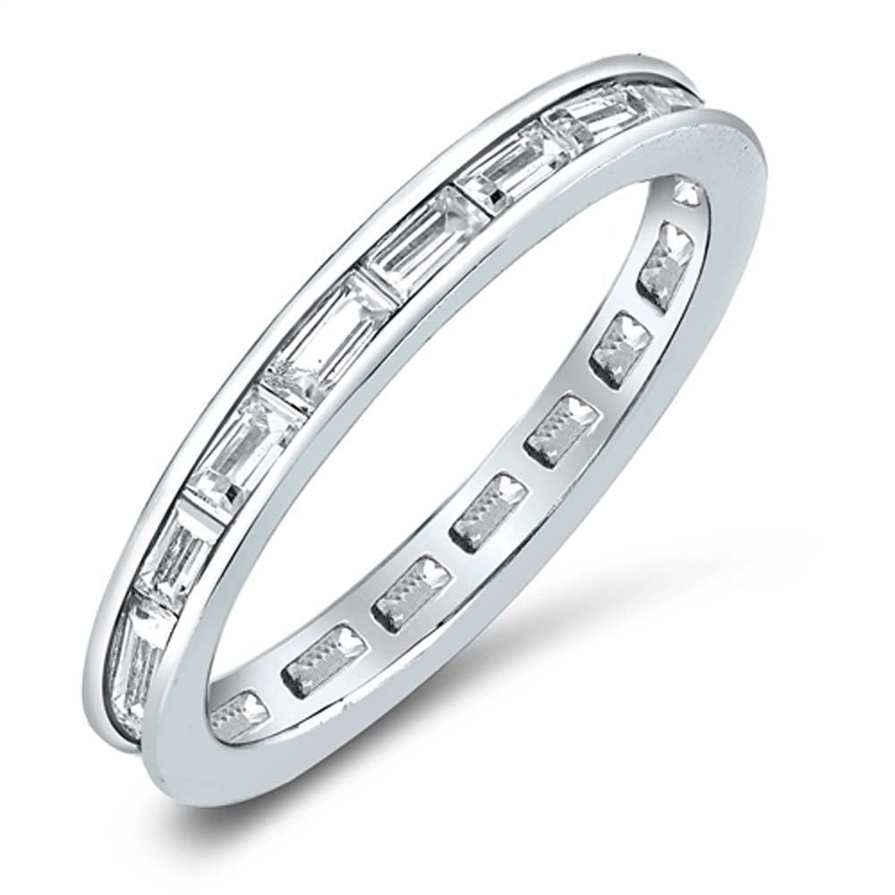 Sterling Silver Fancy Eternity Band Ring Set with Straight Baguette Clear Czs on Channel SettingAnd Band Width of 3MM