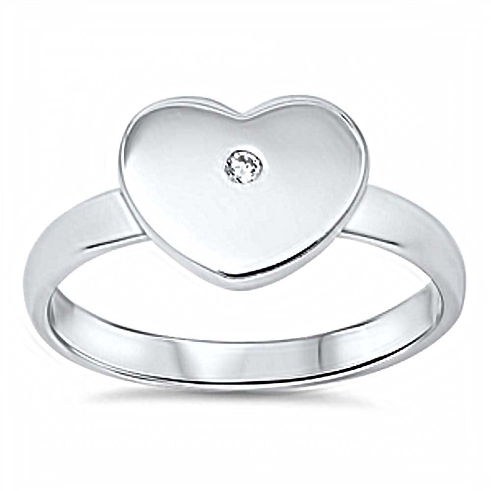 Sterling Silver High Polished Heart Design with Single Clear Cz RingAnd Face Height of 10MM