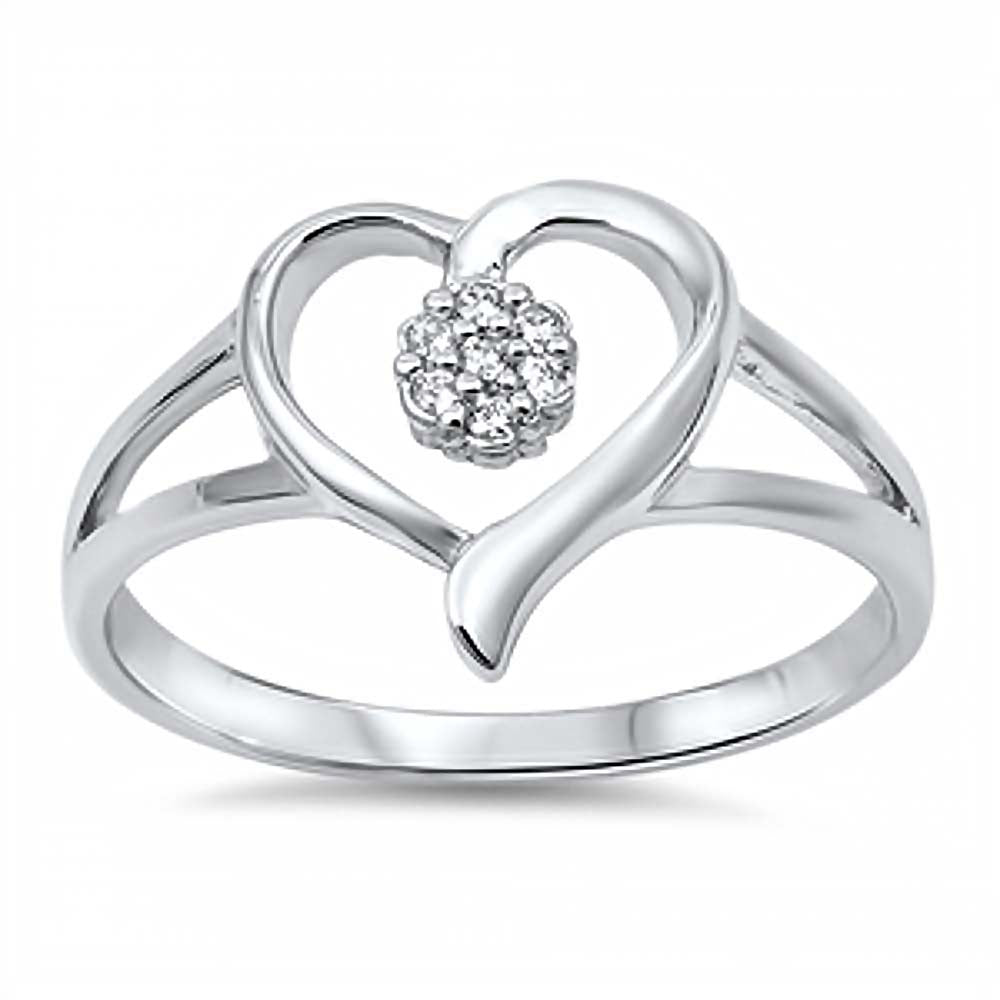 Sterling Silver Fancy Open Heart Design with Centered Clear Czs Split Shank RingAnd Face Height of 12MM