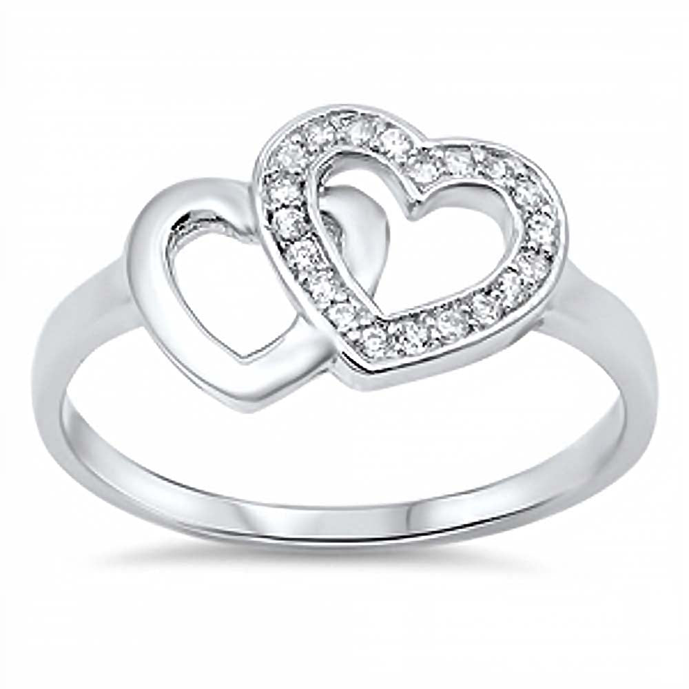 Sterling Silver Trendy Double Open Heart Design Inlaid with Clear Czs RingAnd Face Heigth of 11MM