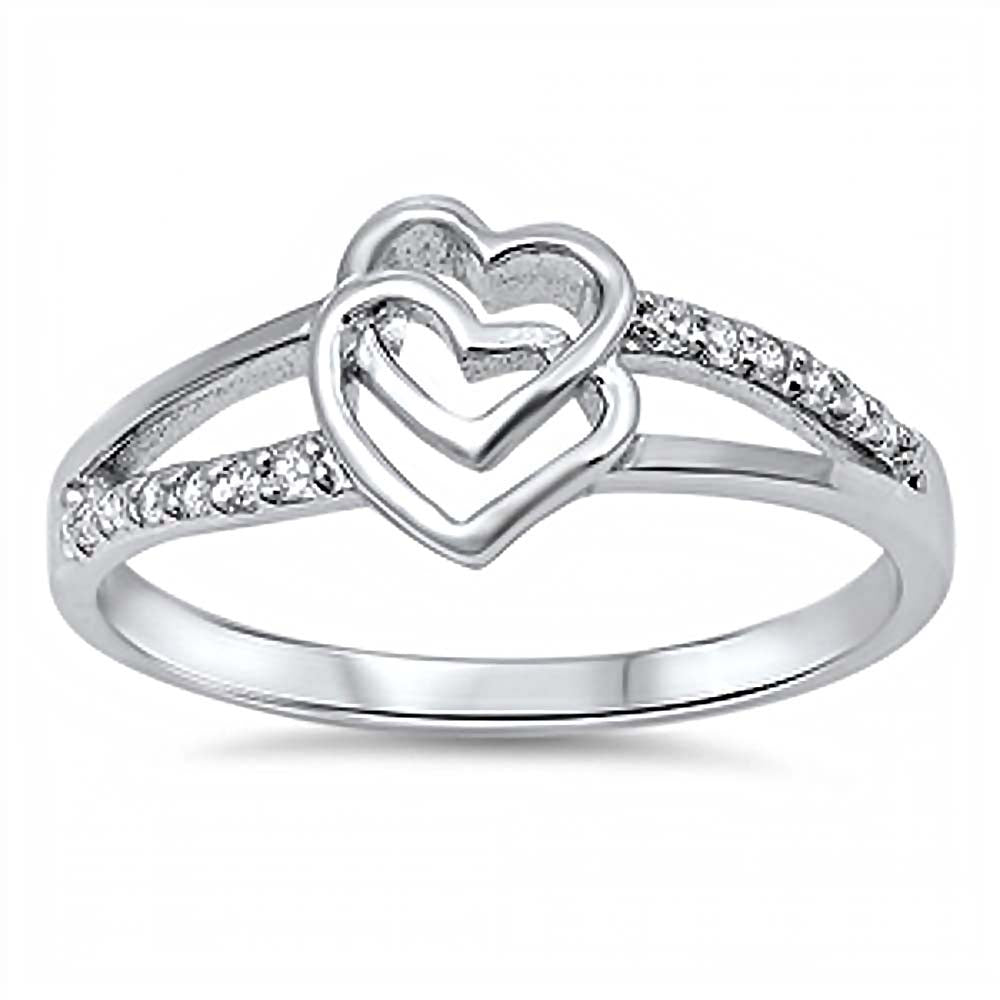 Sterling Silver Fancy Twin Open Heart Design Split Shank Ring Inlaid with Clear CzsAnd Face Height of 9MM