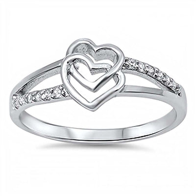 Sterling Silver Fancy Twin Open Heart Design Split Shank Ring Inlaid with Clear CzsAnd Face Height of 9MM