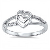 Sterling Silver Fancy Twin Open Heart Design Split Shank Ring Inlaid with Clear CzsAnd Face Height of 9MM