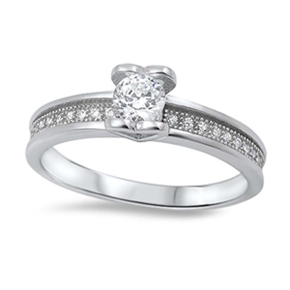 Sterling Silver Elegant Band Ring with Round Cut Clear Cz on Heart Setting DesignAnd Face Height of 6MM