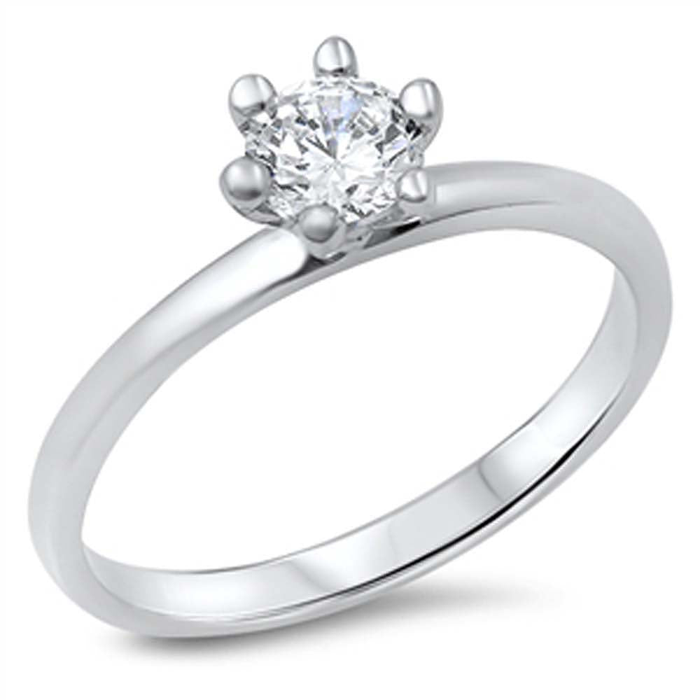 Sterling Silver Classy Solitaire 6 Prongs Set with Round Cut Clear Cz RingAnd Face Height of 7MM