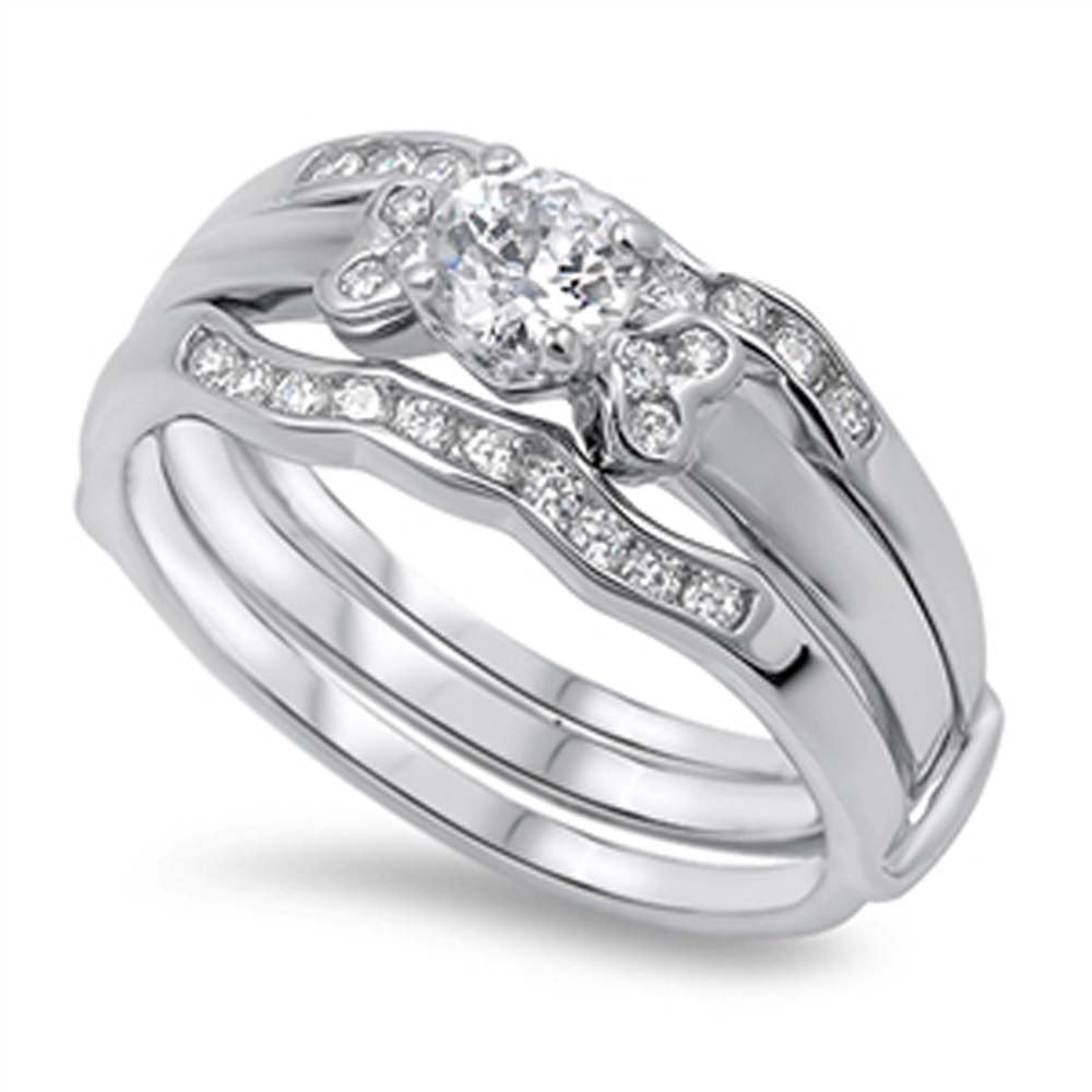 Sterling Silver Round Wedding Sets With Cubic Zirconia Ring