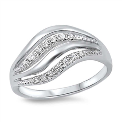 Sterling Silver Fancy Open Cut Wavy Design Inlaid with Clear Czs RingAnd Face Height of 13MM