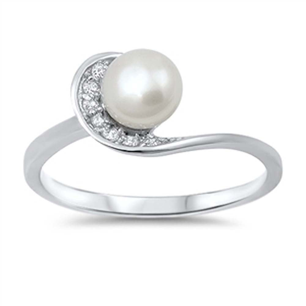 Sterling Silver Bypass Band Design Inlaid with Clear Czs and Centered Freshwater Pearl, Face Height of 9MM