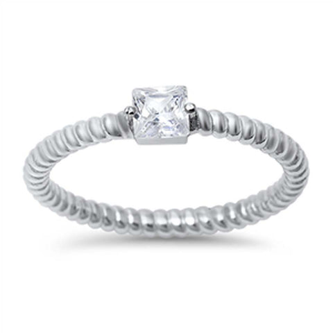 Sterling Silver Classy Princess Cut Clear Cz Twisted Band Ring with Face Height of 4MM