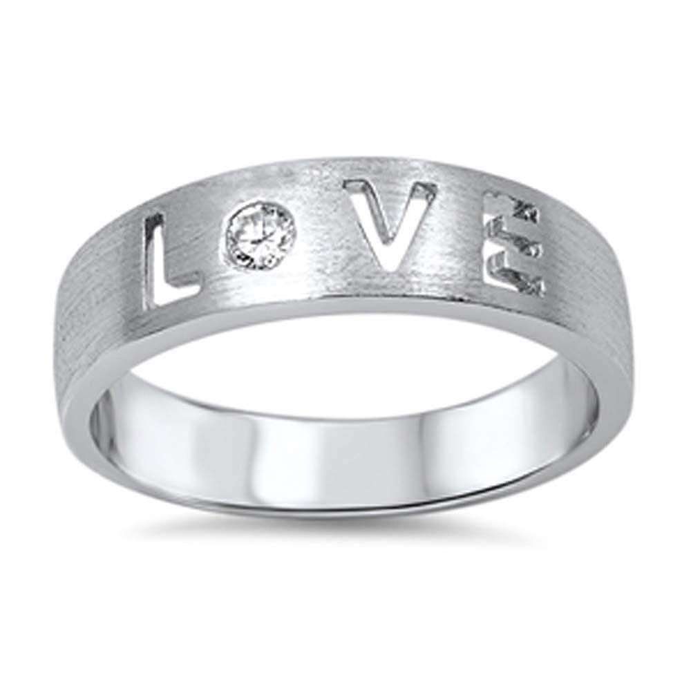 Sterling Silver Fancy Band Ring with Love Design Inlaid with Single Clear CzAnd Face Height of 6MM