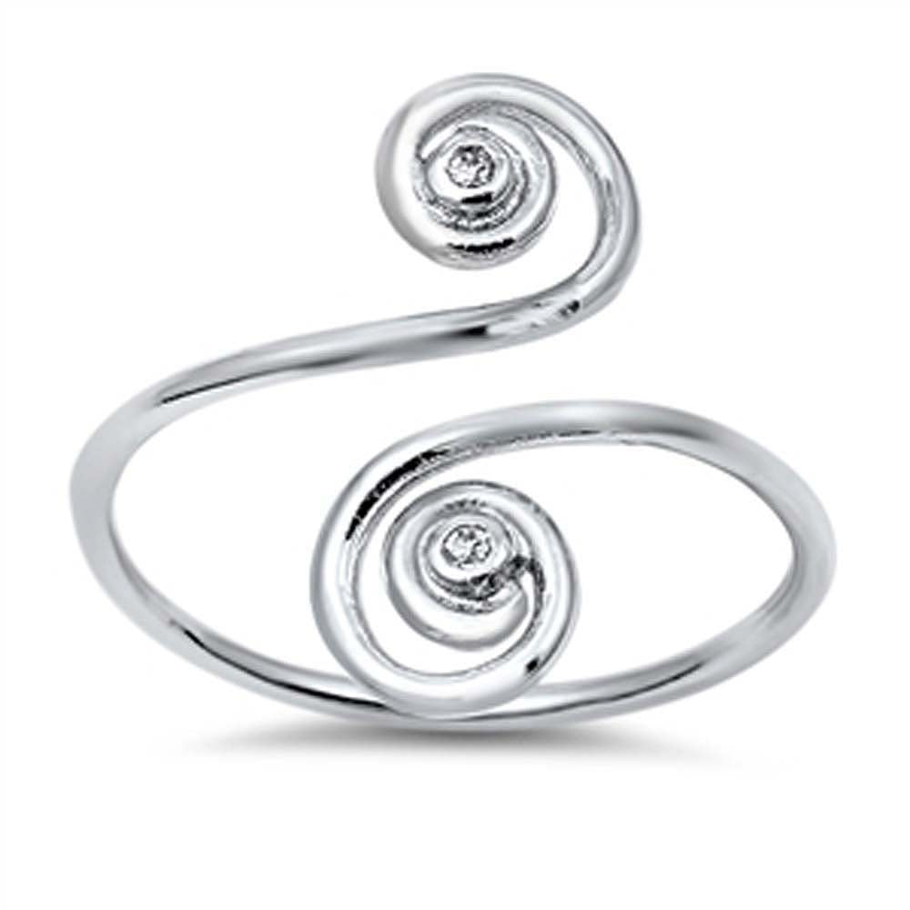 Sterling Silver Fancy Spiral Design Inlaid with Clear Czs Bypass Band RingAnd Face Height of 23MM