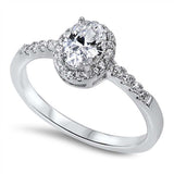 Sterling Silver Elegant Solitaire Oval Cut Clear Cz with Paved Halo Setting RingAnd Face Heigth of 9MM