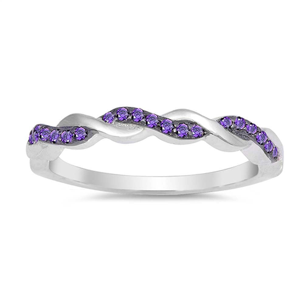 Sterling Silver Infinity Shaped Clear CZ Ring With Amethyst StonesAnd Face Height 3mm